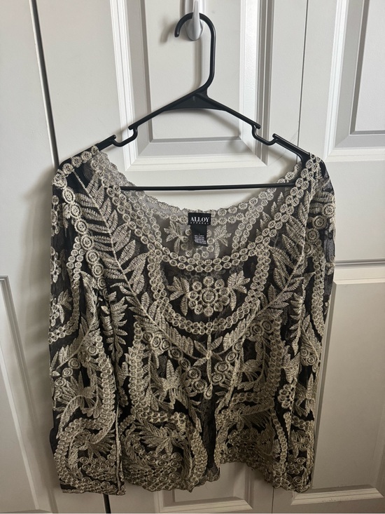 ALLOY Tops - ALLOY Black Mesh Top with Gold Lace Motif